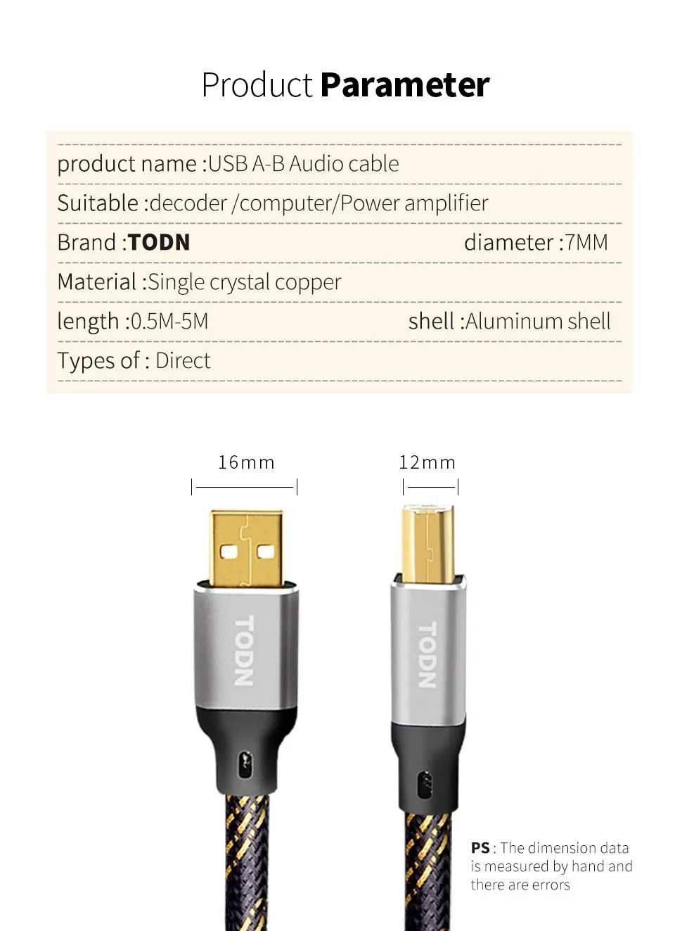 Cablu audio digital HIFI USB A - USB B TODN 6N OCC, 1.5 m