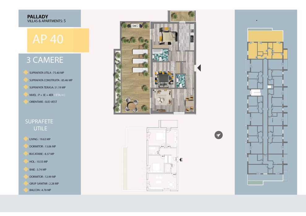 Apartament 3 camere cu terasa penthouse pallady rate dezvoltator
