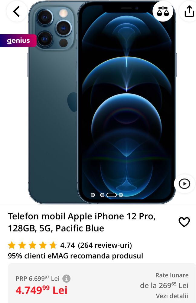 iPhone 12 Pro, 128GB, 5G, Pacific Blue, baterie 94%, liber retea