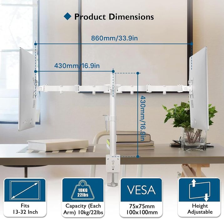 Suport de 2 monitoare de 33-68 cm reglabil, Alb