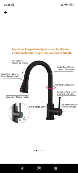 Baterie Bucatarie Cu Dus Extractabil Cu Touch Pentru Pornire/Oprire