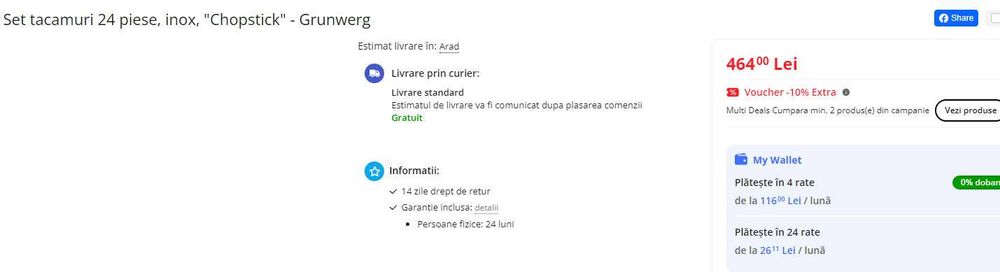 Set tacamuri, marca Grunwerg,  6 persoane, 24 piese,  inox , nou