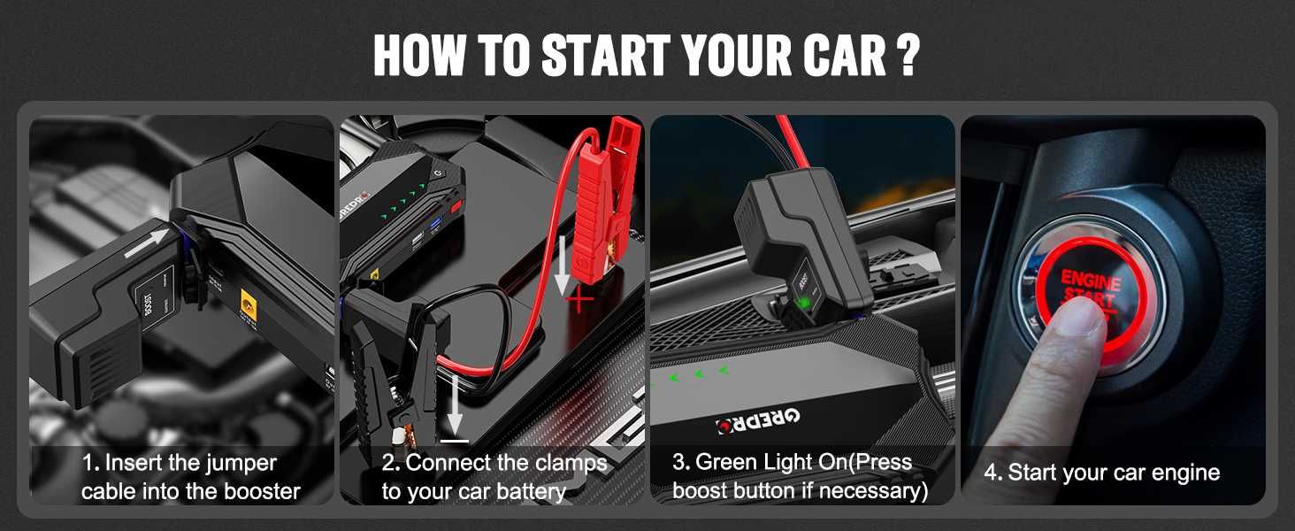 GREPRO 3000A бустер за подаване на ток Jump Starter/Power Bank /LED