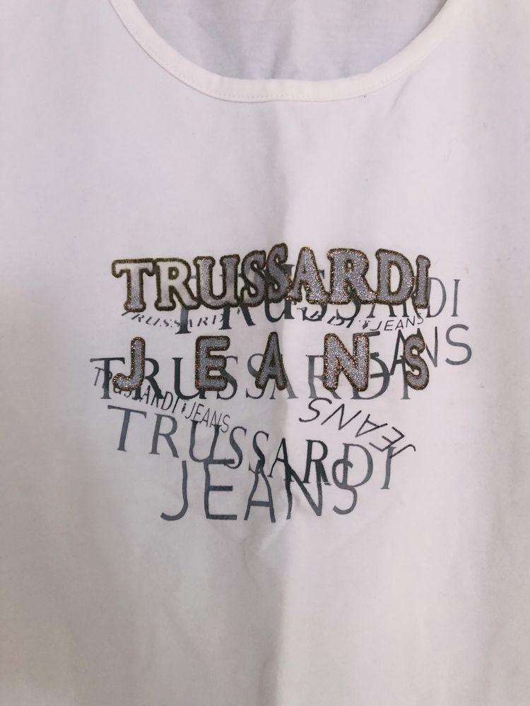 Tricou Trussardi Jeans alb cu logo pe fata