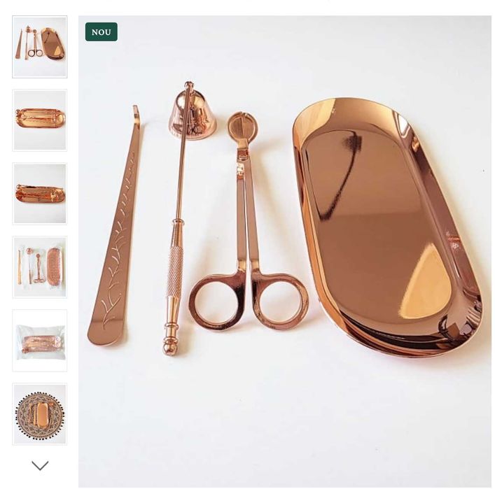 Set pentru lumânări/foarfeca,mucarnita,dipper,tava, inox rosegold,nou