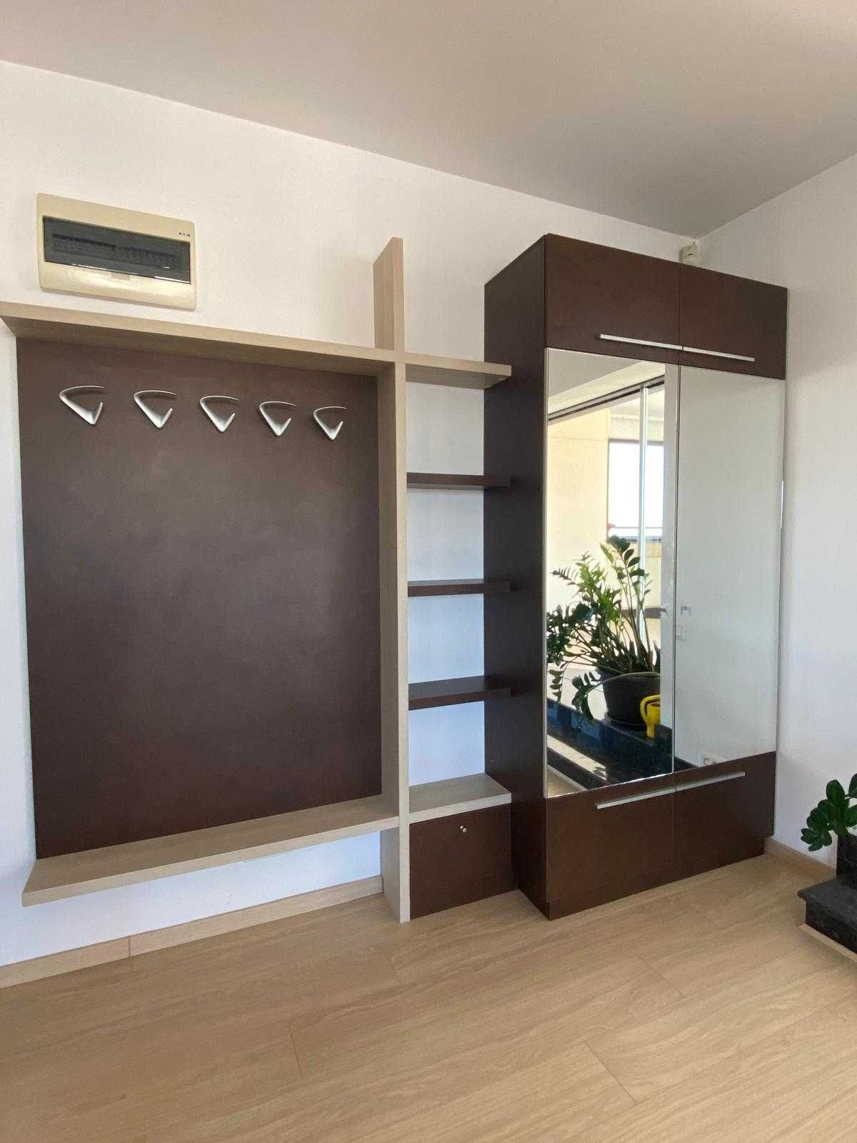 Ansamblu Cuier Perete + Șifonier 2 Uși cu Oglindă; Dulap cu Rafturi