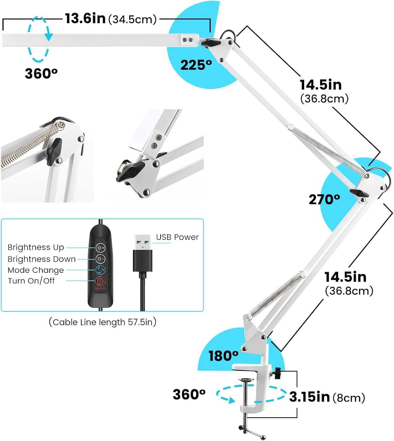 НОВA! LED настолна лампа 14W с регулируемo рамо и щипка, 3 цвята