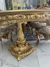 Masa sculptata cu lemn masiv manual material tapitarie baroc 10 scaune