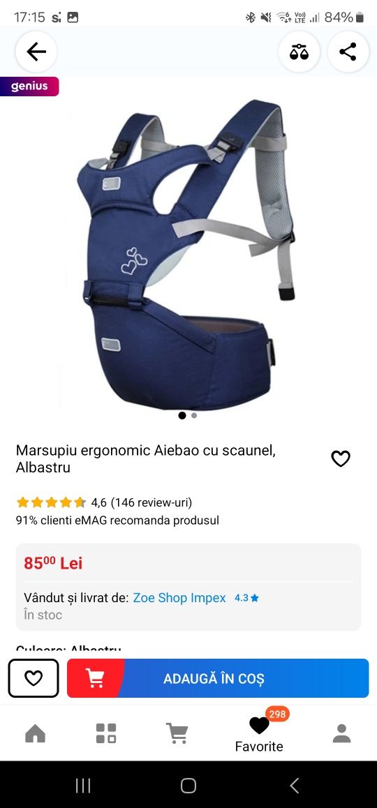 Marsupiu ergonomic Aiebao cu scaunel, Albastru