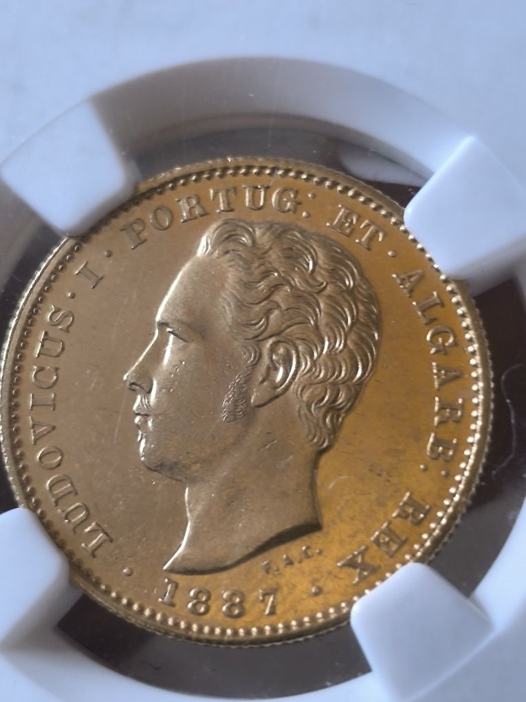 5 000 рейс1887 год, Португалия,Луиш I, злато 8.87 гр,917/1000 MS 62