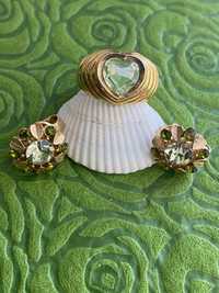 Set inel cercei vintage goldfilled piatra semipretioasa peridot inima