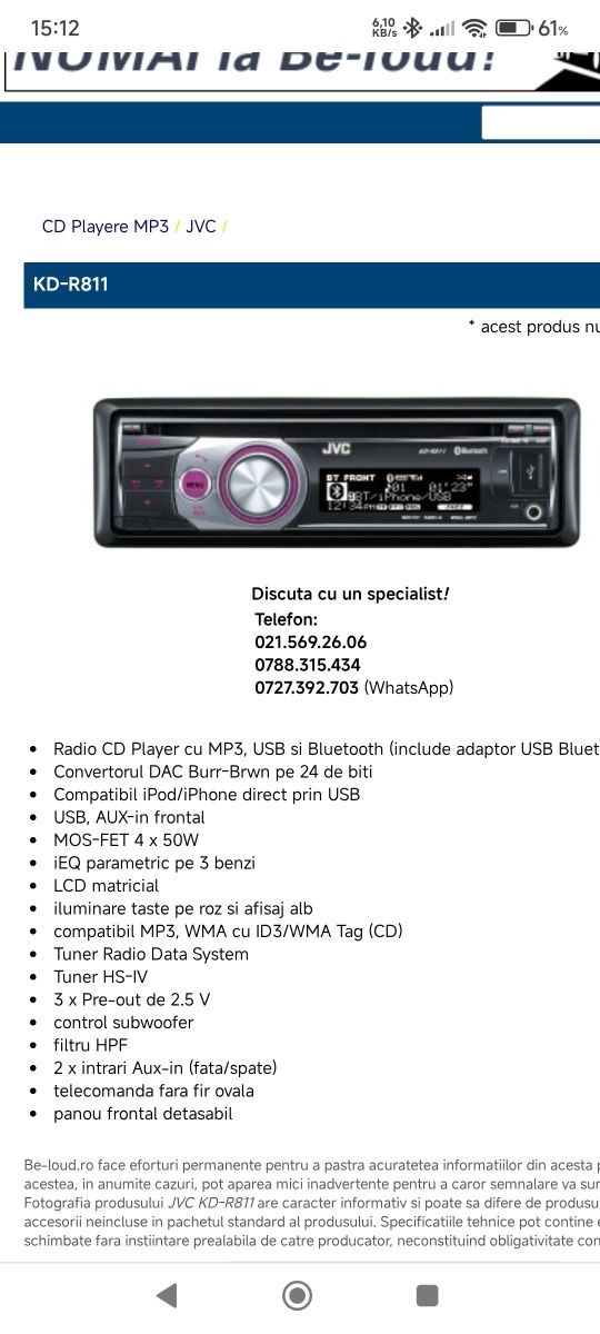 Cd Player auto Jvc kd r811 Bluetooth usb nu Alpine Pioneer Sony
