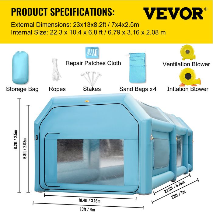 Cort Gonflabil pentru Vopsit Auto 7x4x2.5m cu 2 Ventilatoare