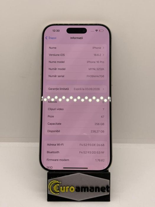 Telefon mobil Apple iPhone 16 Pro, 256GB, 5G, 100% Baterie -A-