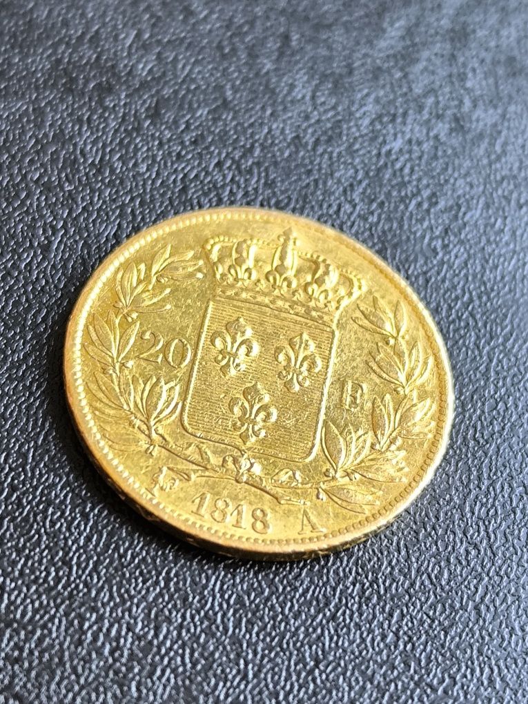 20 франка 1818 год,Луи XVIII , злато, тегло 6.45 гр,900/1000 (21.6 кар