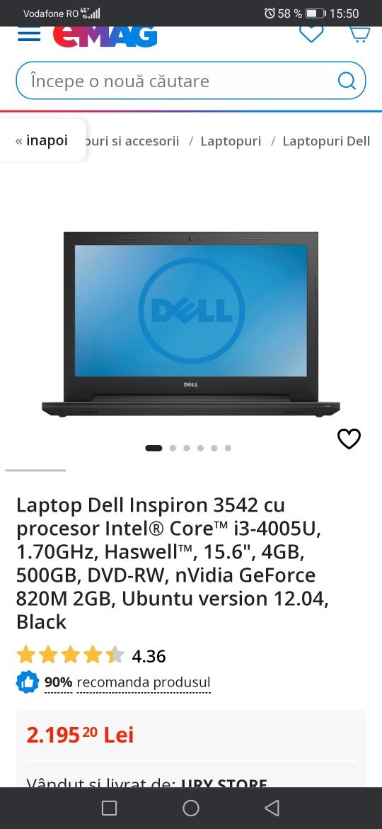 Laptop dell inspirion  (3542) procesor i3 gen a-4a