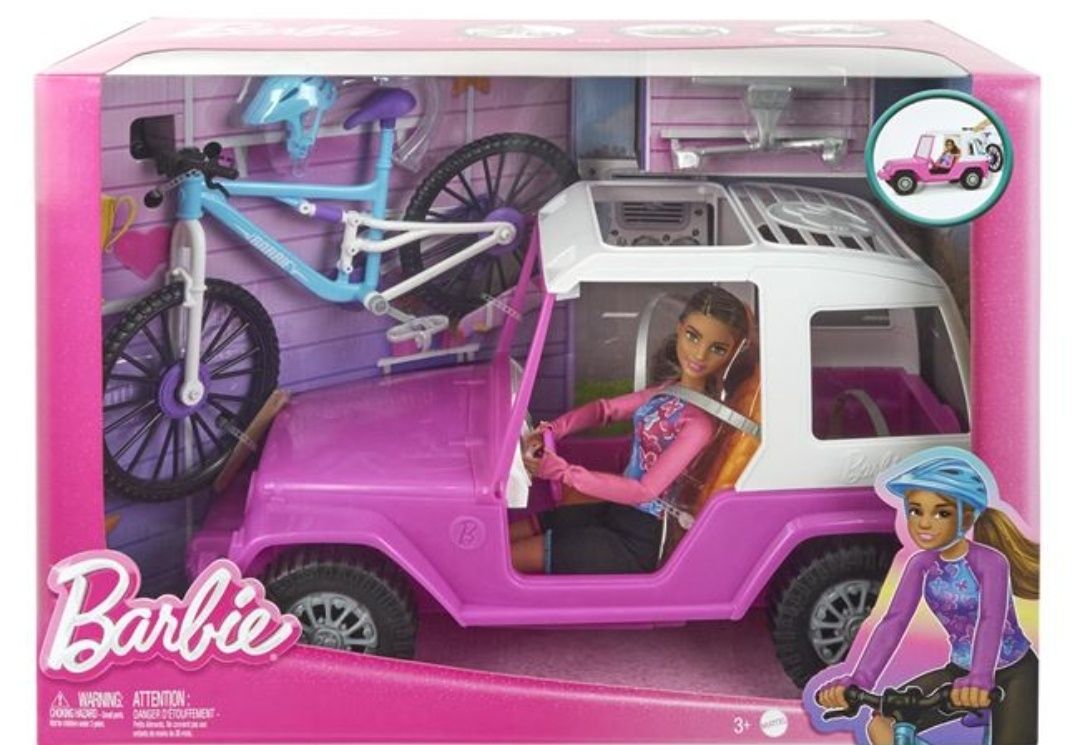 Rulota Roz și Bicicleta cu Papusi / Barbie Papusa cu Jeep & Bicicleta