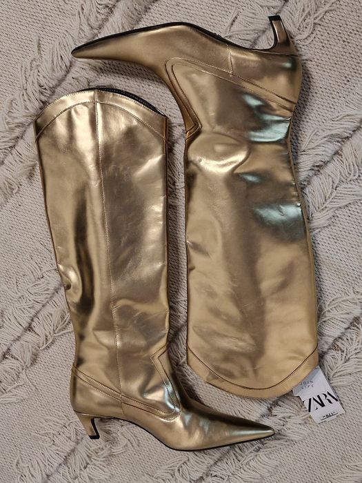 Cizme Zara aurii din piele naturală (mărimea 39/40)