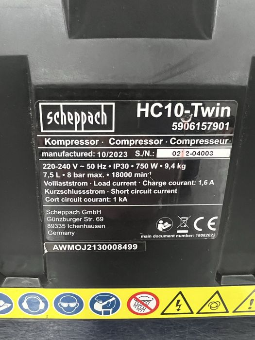 Безмаслен компресор Scheppach HC10 Twin-8 бара,750W