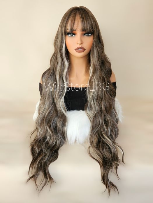 Дълга къдрава кестенява перука на кичури с бретон