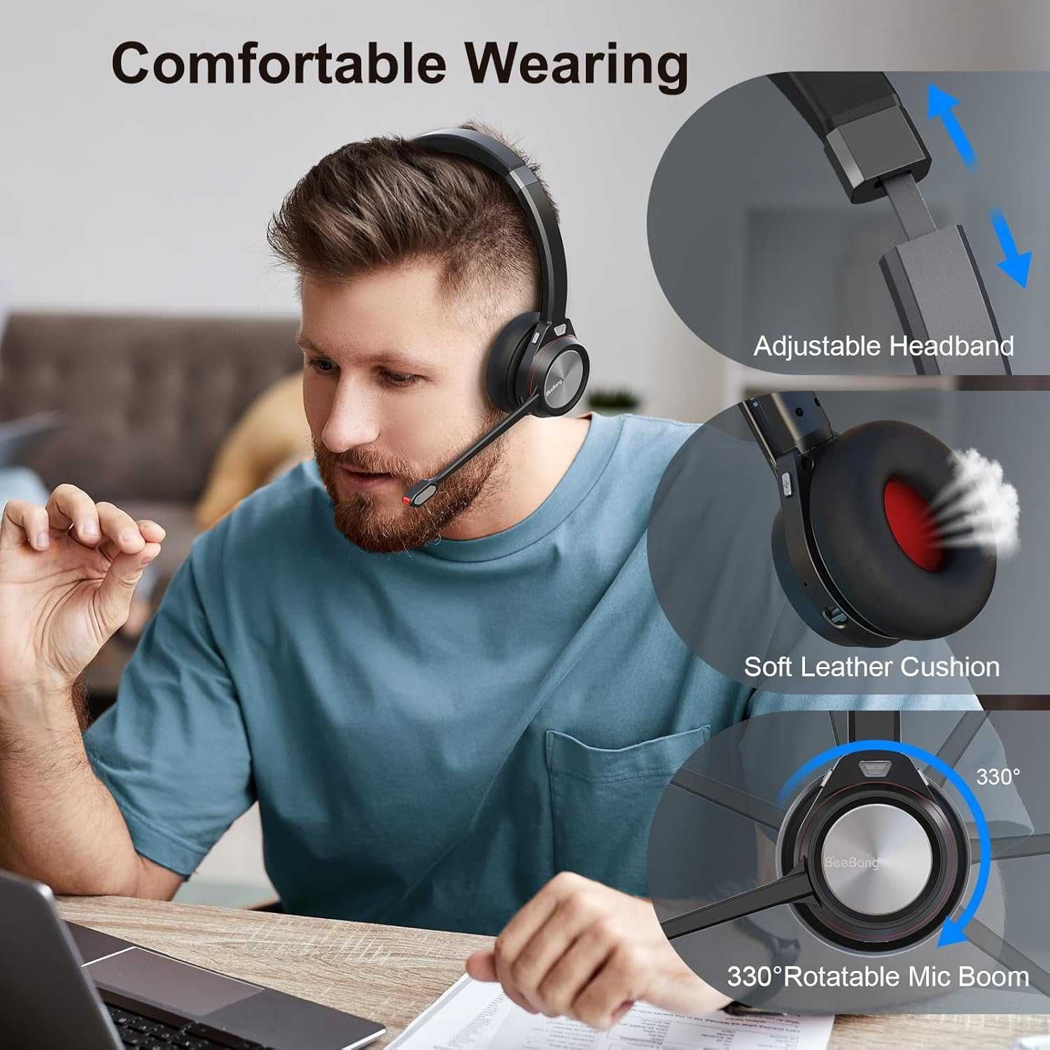 Beebang Bluetooth слушалки с микрофон, безжични с бутон за изключване