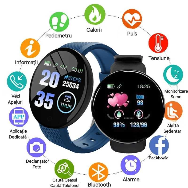 Smartwatch performant.Negru.Waterproof, fitness, sănătate, somn.Rotund