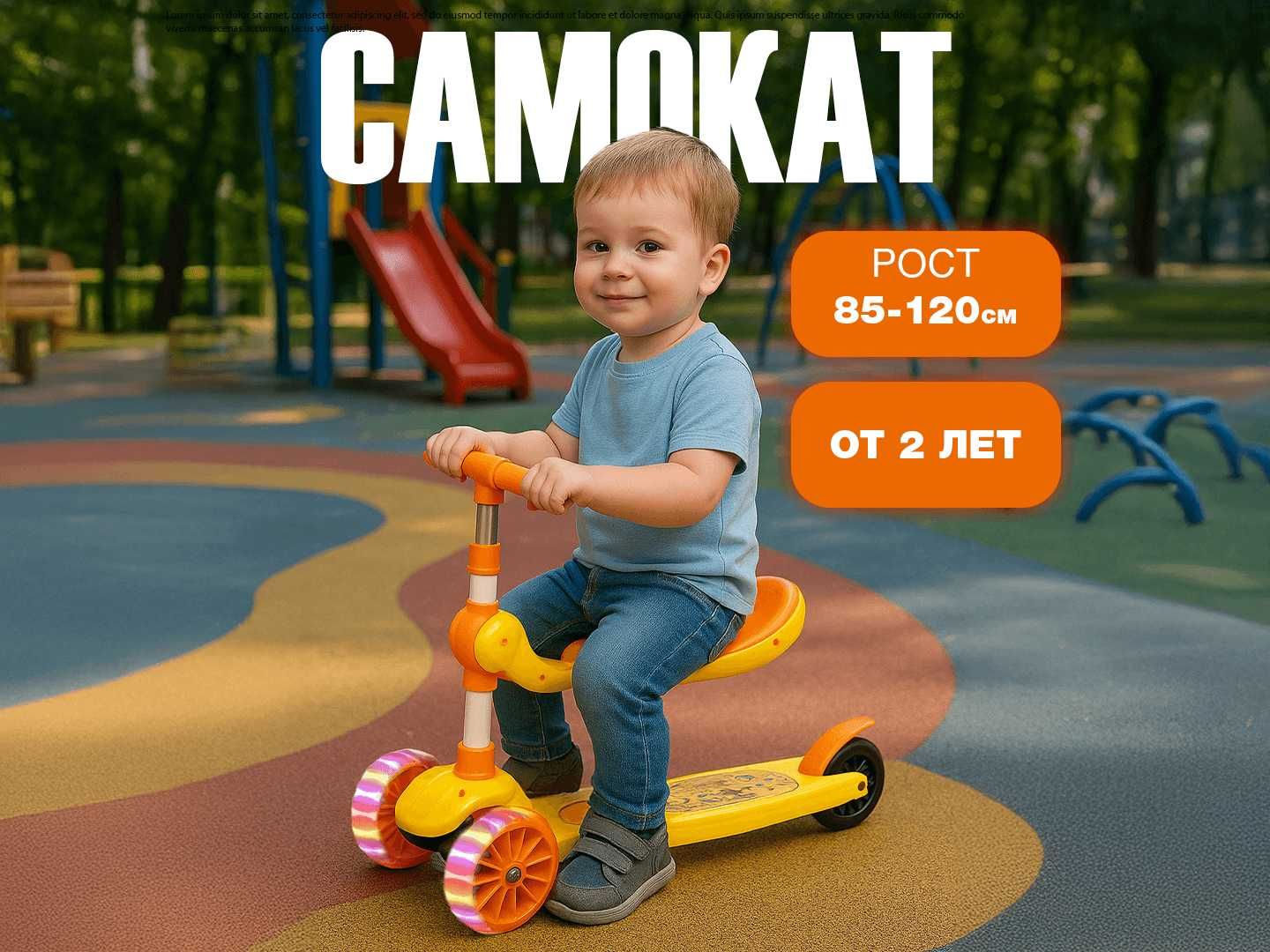 Cамокат для детей 3 в 1 с сиденьем и светомузыкой, детский самакат
