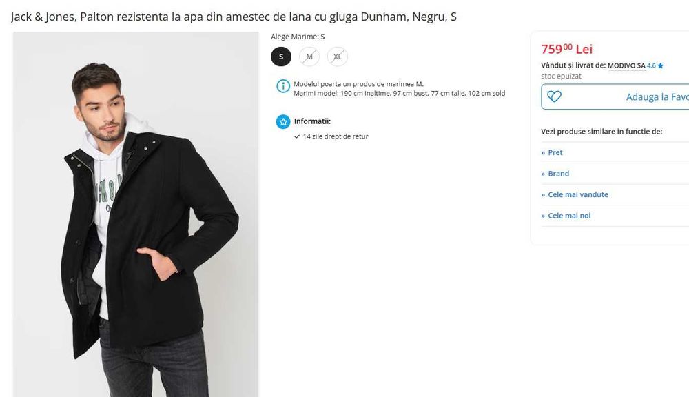 Palton casual 50 L premium Jack & Jones lana negru