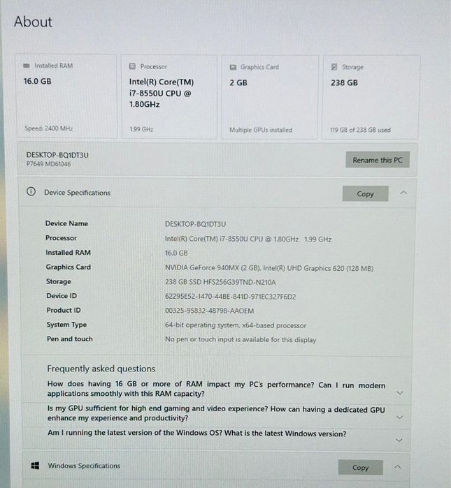 Laptop Medion 17.3” intel i7 gen 8, 16GB, SSD m2 256GB Nvidia 940mx