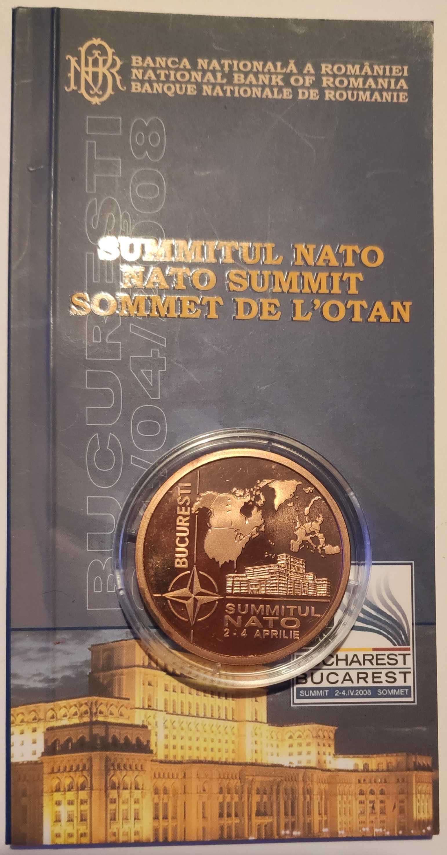 Set monede 1+100 lei 2008 BNR tombac și aur Summitul NATO tiraj 500