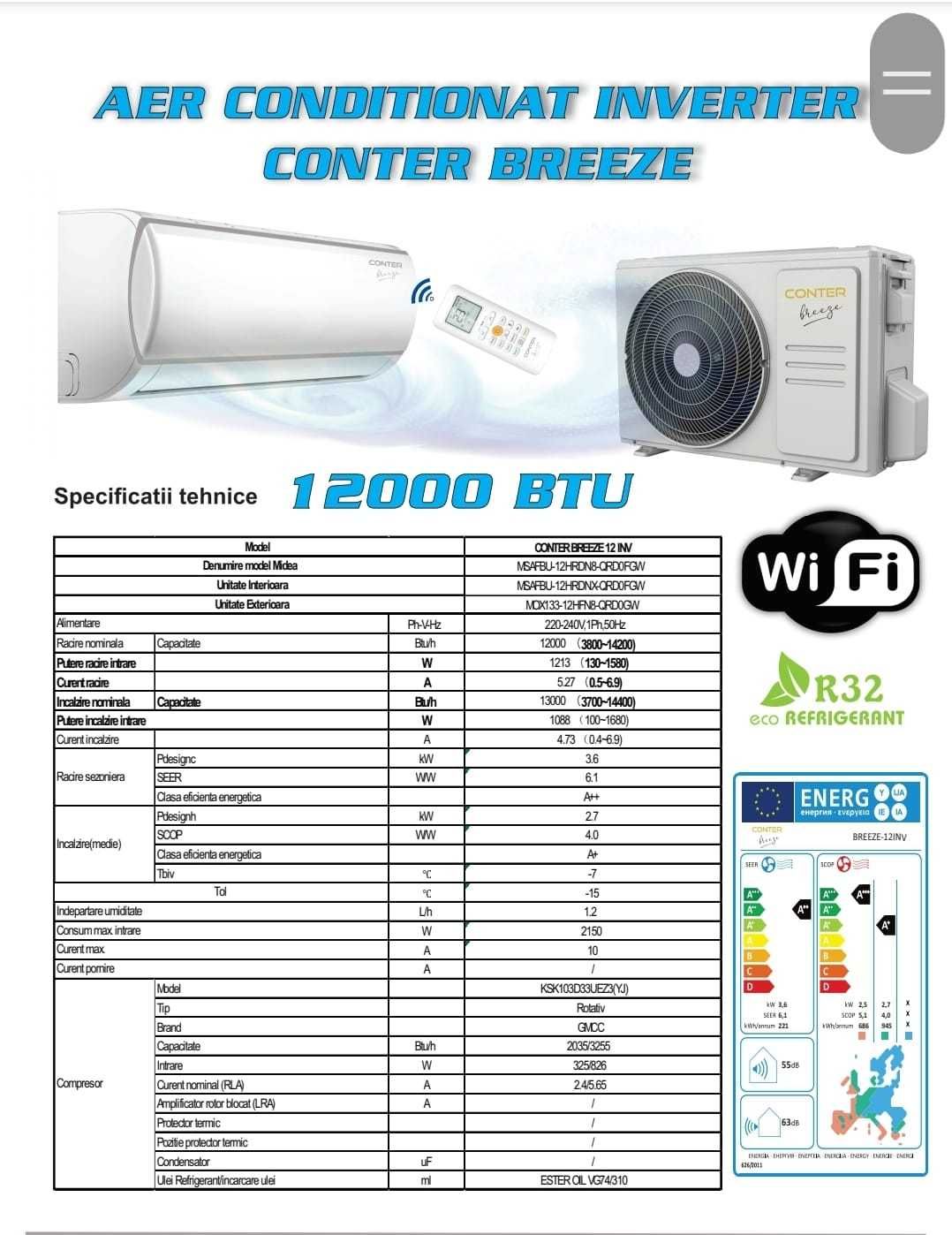 Aer conditionat inverter control WiFi, CONTER BREEZE 12000 BTU