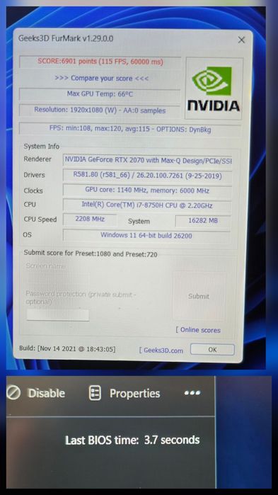 Laptop gaming Razer i7 16GB RAM RTX 2070 8GB NVMe 500GB