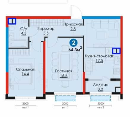 2-комн. 64,3 м² со скидкой 30%! Центр, Мирзо-Улугбек, сдача 2025 (XS)