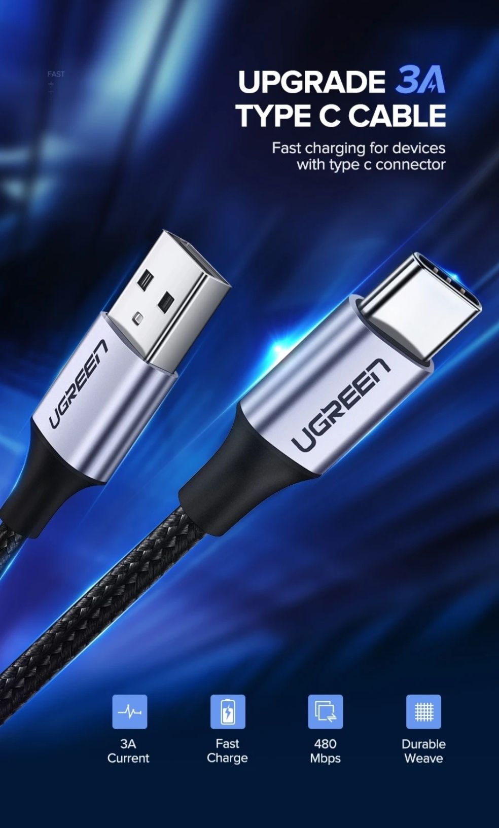 UGREEN USB-A to USB-C cable 1m,black.