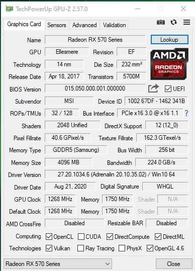 Placa video Gaming NSI Armor RX 570,4G,DDR5,256 Bit ca noua