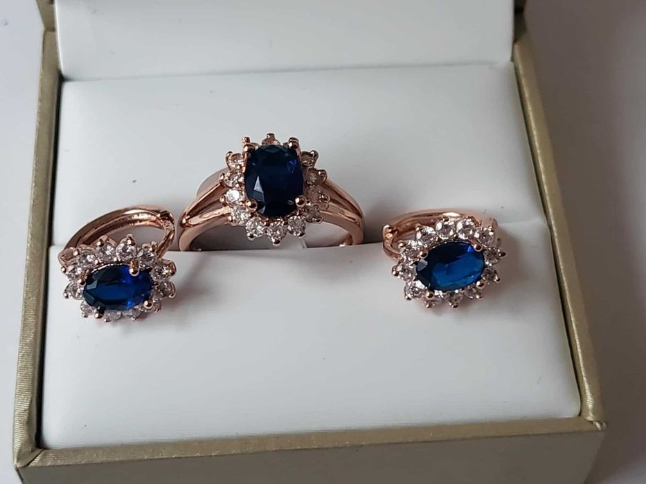 GR72, inel placat cu aur 18k,nou/marcat, stil epoca,zirconiu alb/safir