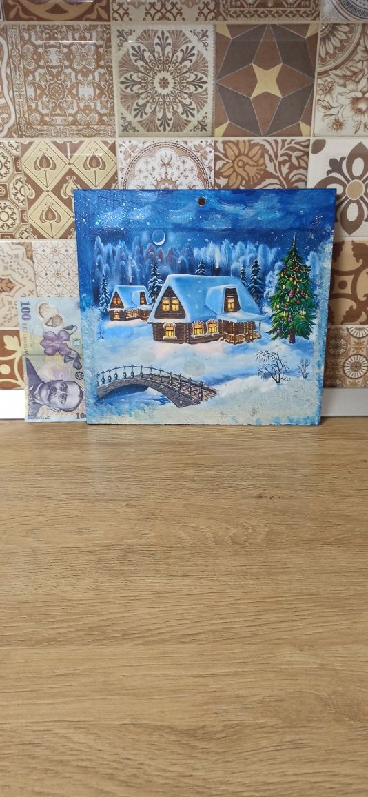 Tablou | Pictură pe lemn 27,5 x 26 cm | Peisaj de iarnă