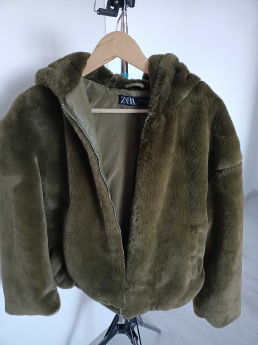 Geacă de blăniță sintetică verde închis ZARA, XS, cu glugă
