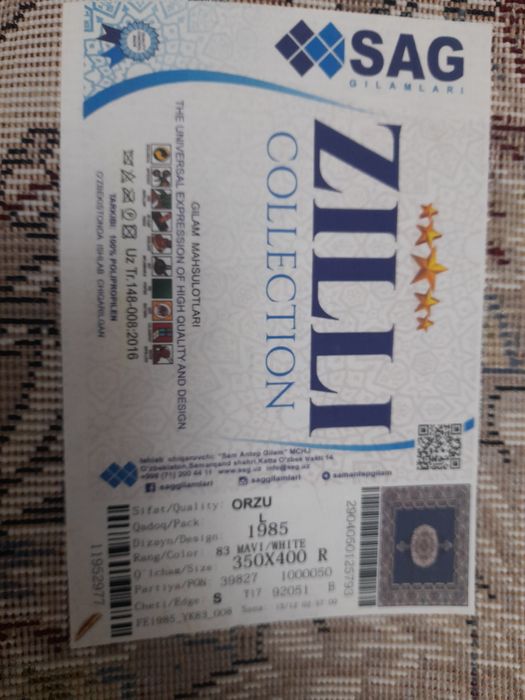 Гилам сотилади ZILLI бренди сифатли гилам янги 1 ой буган олинганига