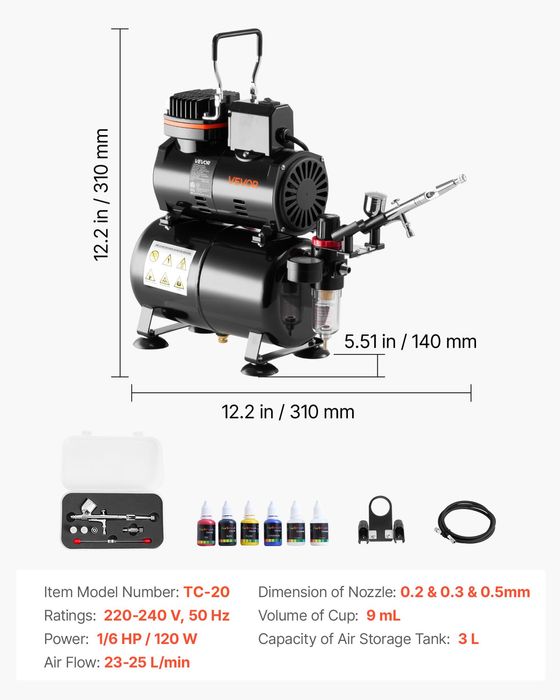 Kit Aerograf Profesional,1/6 CP,3 Duze,Zgomot Redus