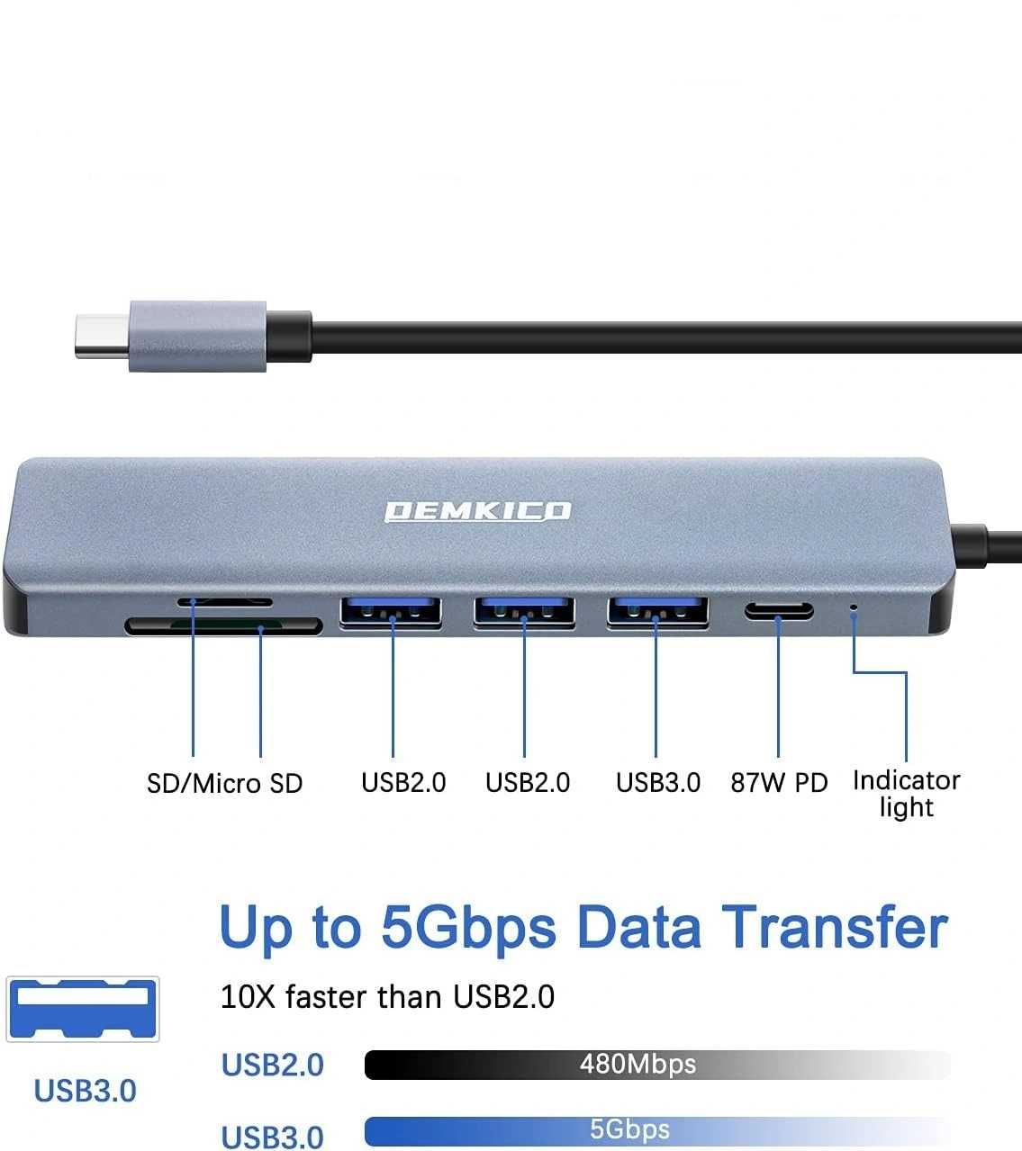 Hub type C 7 in 1 HDMI 4K PD 87W Card Reader 2 USB 2.0 1 USB 3.0