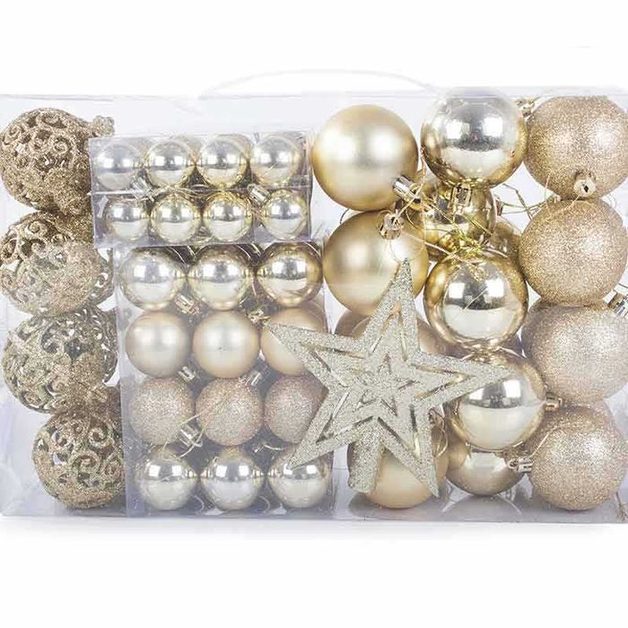 Златист комплект коледни топки 100 броя, различни размери и звезда