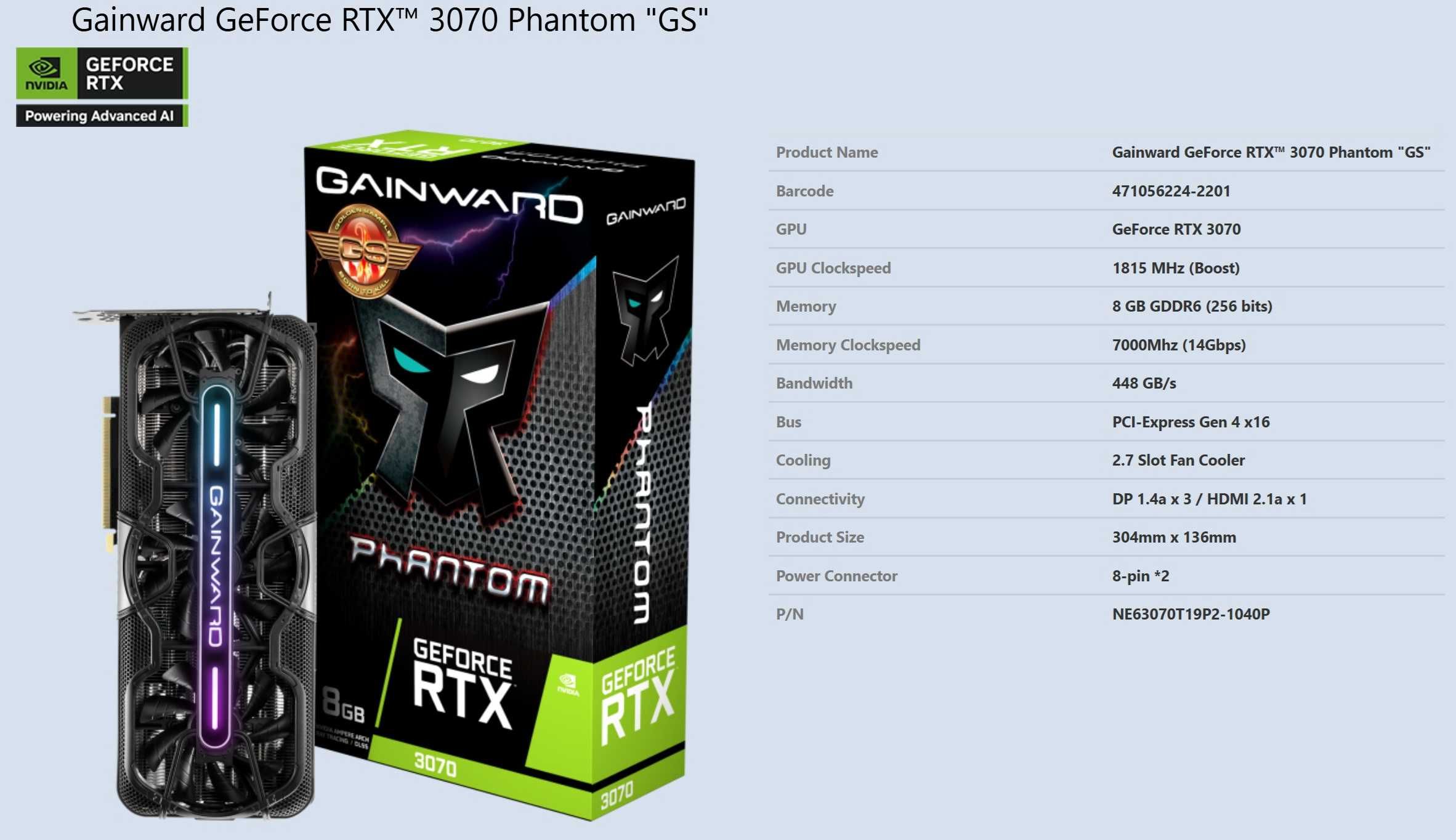 ТОП състояние Видео карта GPU Gainward RTX 3070 Phantom GS 8GB GDDR6