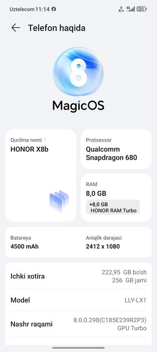 honor x8b 256 tali