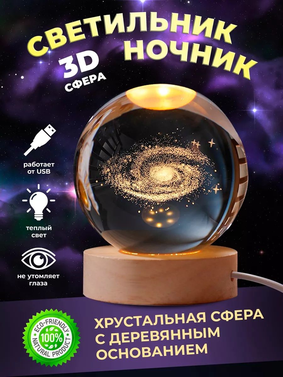 Хрустальный шар-ночник 3D, антистресс,настольный стеклянный светильник