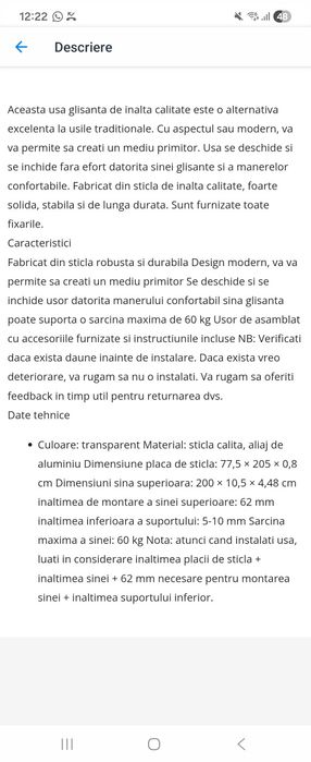 Vând ușă glisantă din sticlă – NOUĂ, sigilată.
Model modern, premium,
