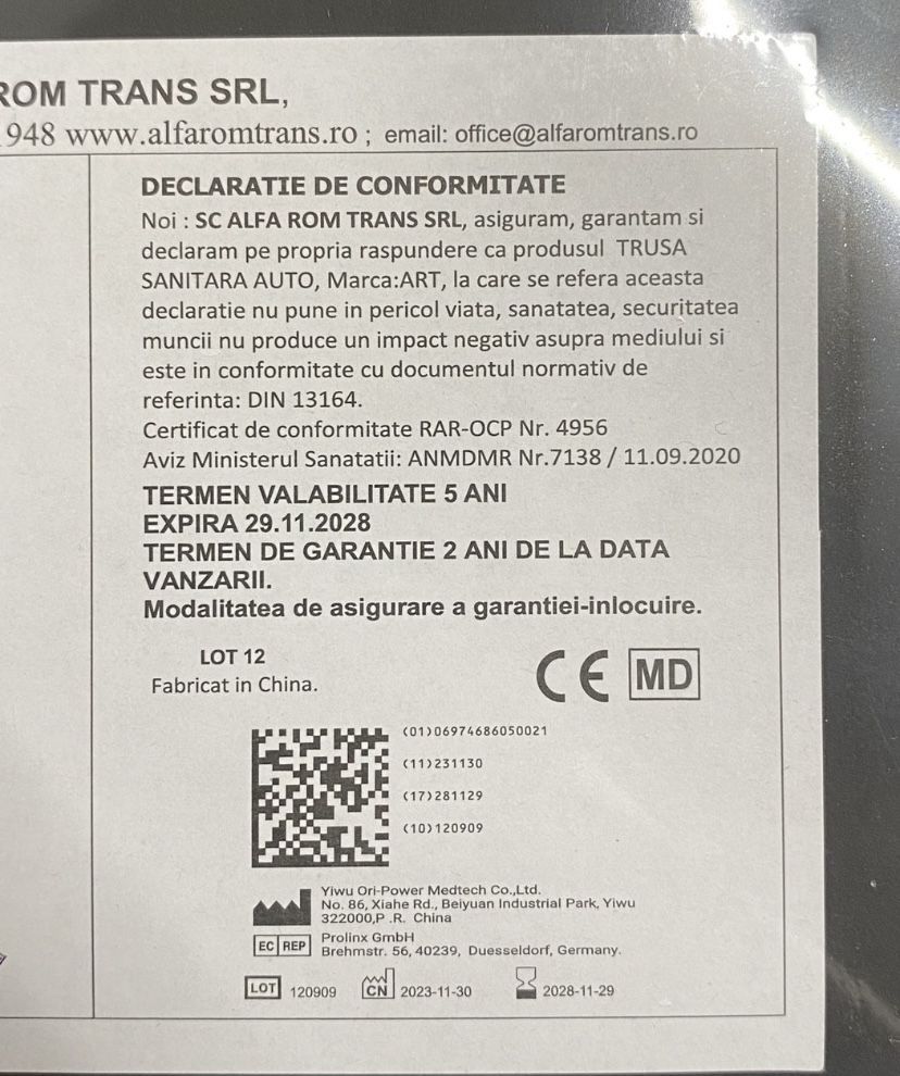 Trusa medicala auto valabila 2030 + Extinctor stingator spray 2030