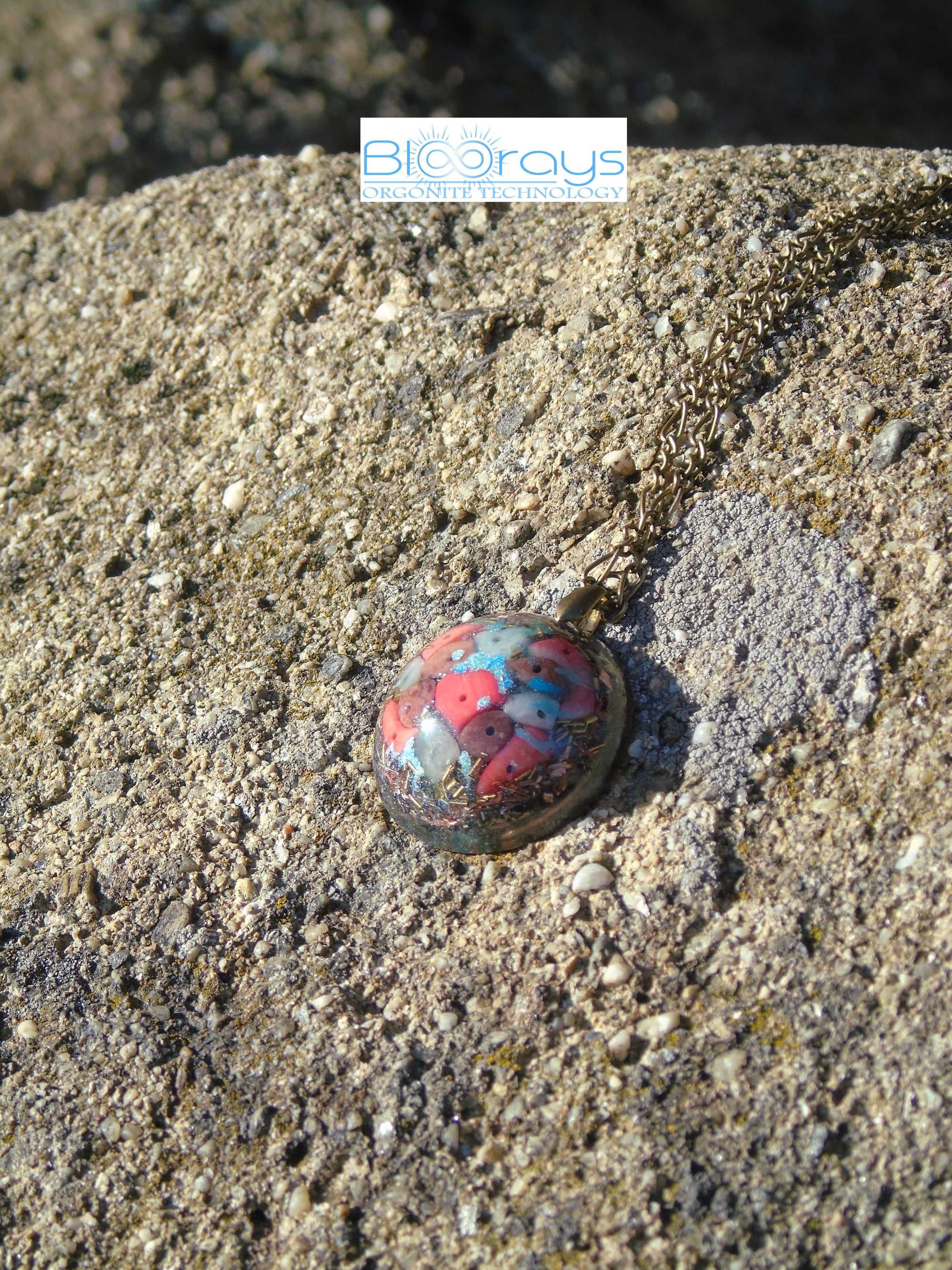 Pandantiv Orgonic Emisferic cu Rodonit, Amazonit, Coral Roz