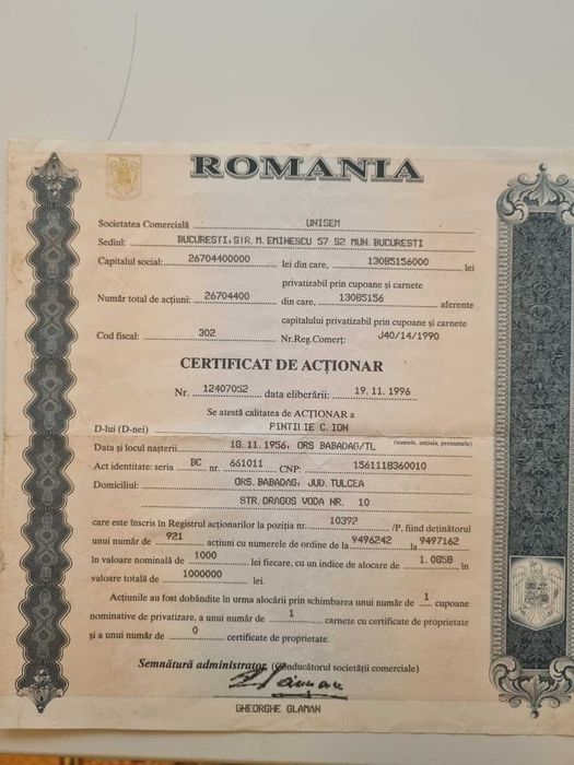 2 certificate de actionar unisem+2 carnete cert.proprietate