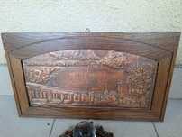 Tablou vintage basorelief lucrat in cupru St Sebastianus si servici Cu